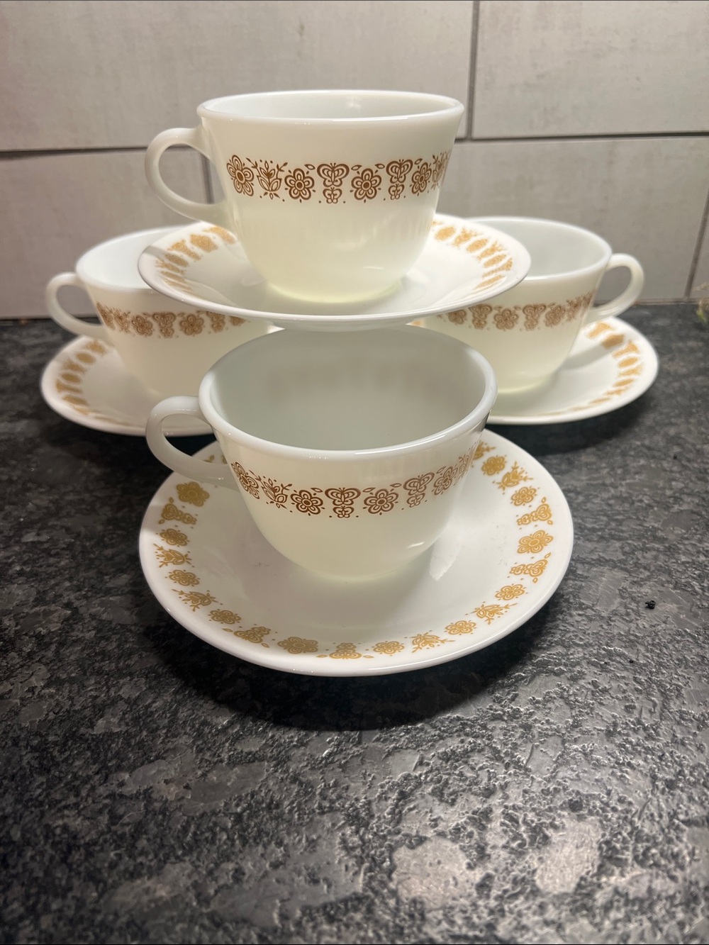 Vintage White Milk Glass Teacup & Saucer Set with Gold Floral Border - Set of 4